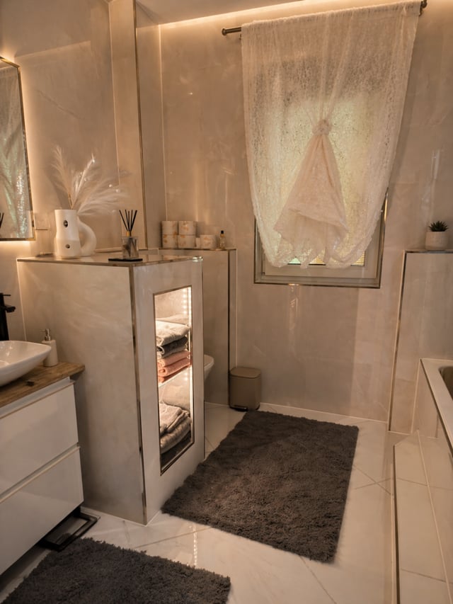 Helles Designer-Badezimmer mit hochwertigen Oberflächen